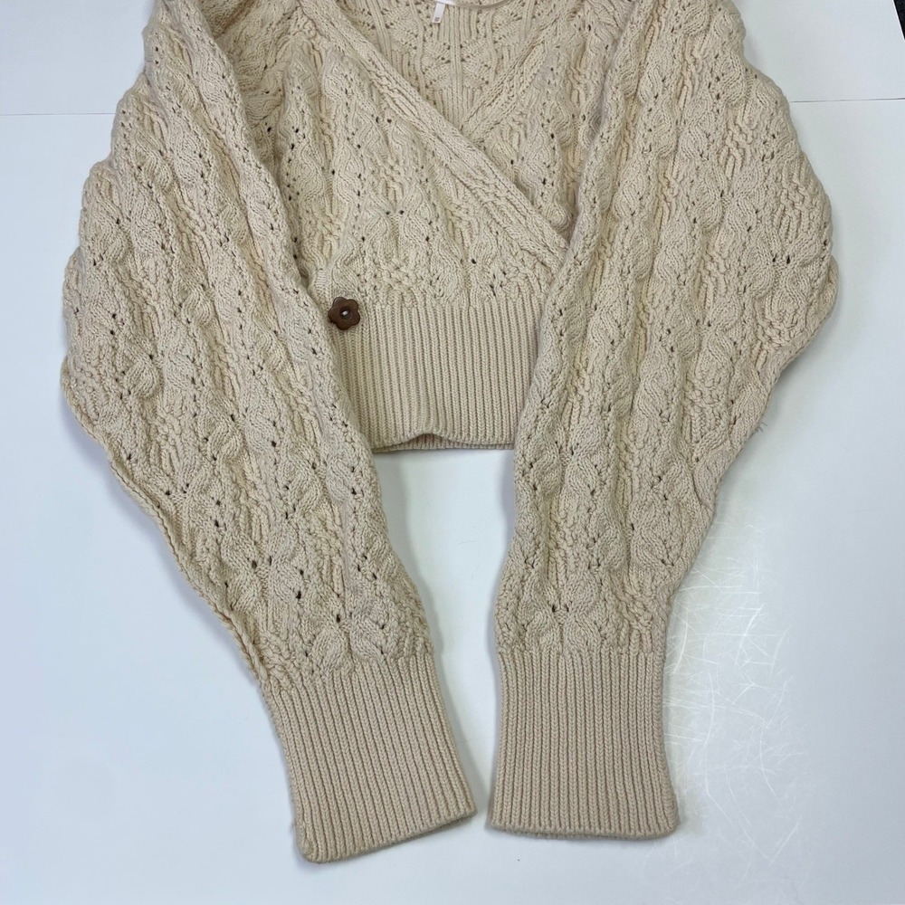 Free People Cream Pointelle Cable Knit Wrap Cardigan XS Puff Sleeve Cropped - Picture 11 of 14